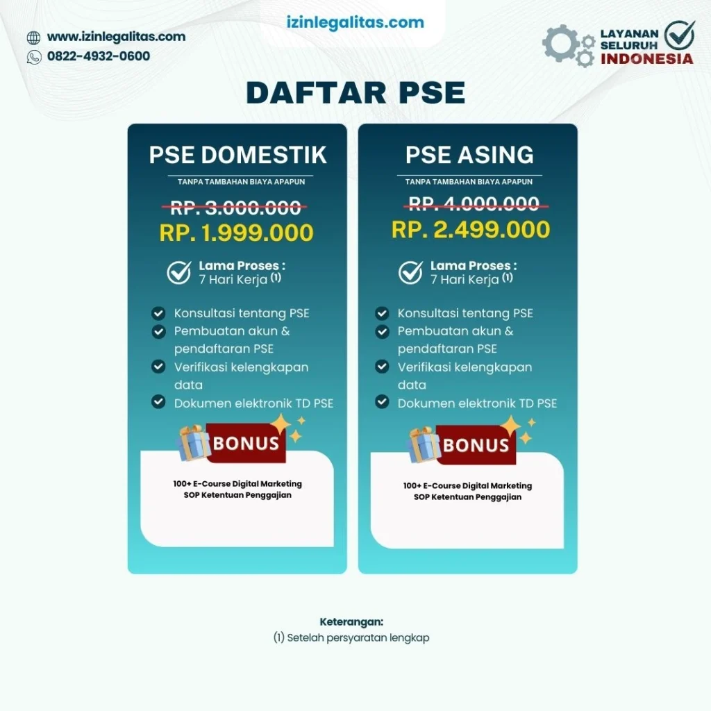 biaya pengurusan daftar pse izin legalitas