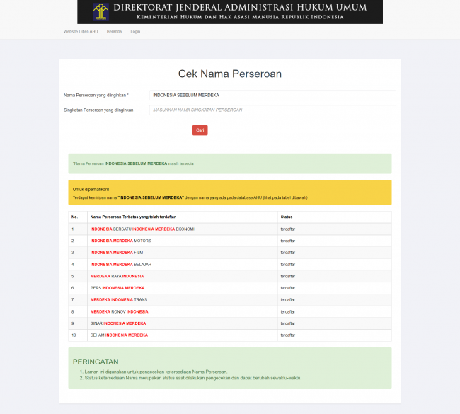 Hasil verifikasi nama PT di AHU Online