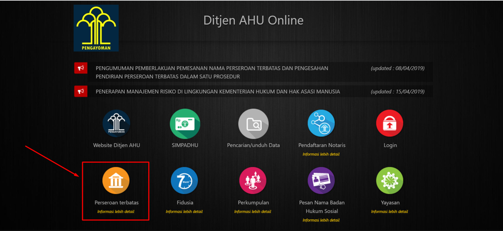Halaman utama AHU Online untuk cek nama PT
